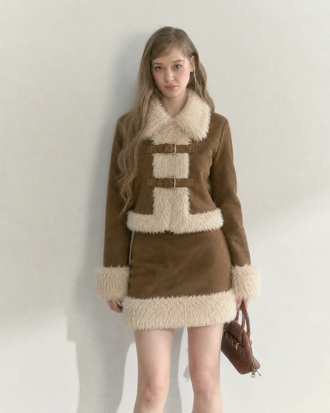 Y2k Vintage Autumn Faux Fur 2 Piece Outfits Women Retro Blazers Jacket Coats + Skirts Japanese Kawaii Casual Daily Matching Sets