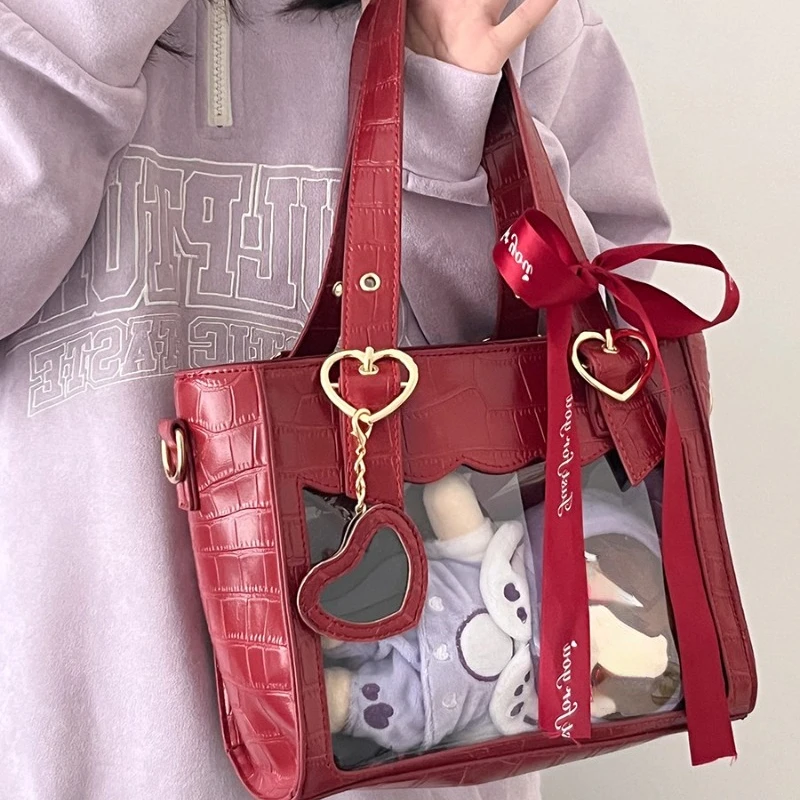 Y2k Aesthetic Heart Women Ins Simple Crossbody Bag All Match Sweet Bow Handbags Pu Leather Fashion Trendy  Bags Korean