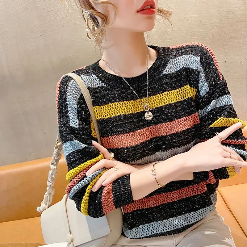 Women Autumn Korean Fashion Loose Multicolor Striped O-neck Long Sleeve Knitwear Women Clothes Casual All-match Office Lady Tops