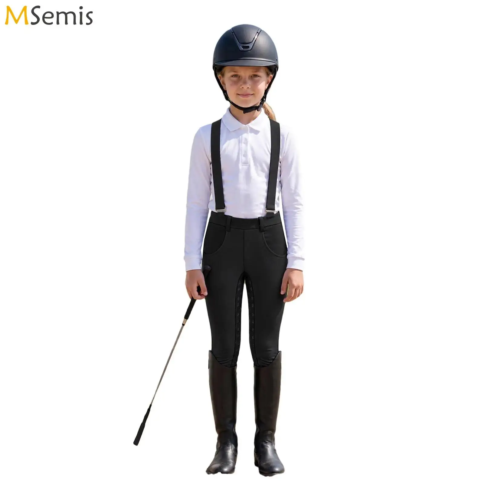 Kids Girls Horse Riding Equestrian Breeches Pants Color-blocked Elastic Waistband Leggings with Pockets and Shoulder Straps