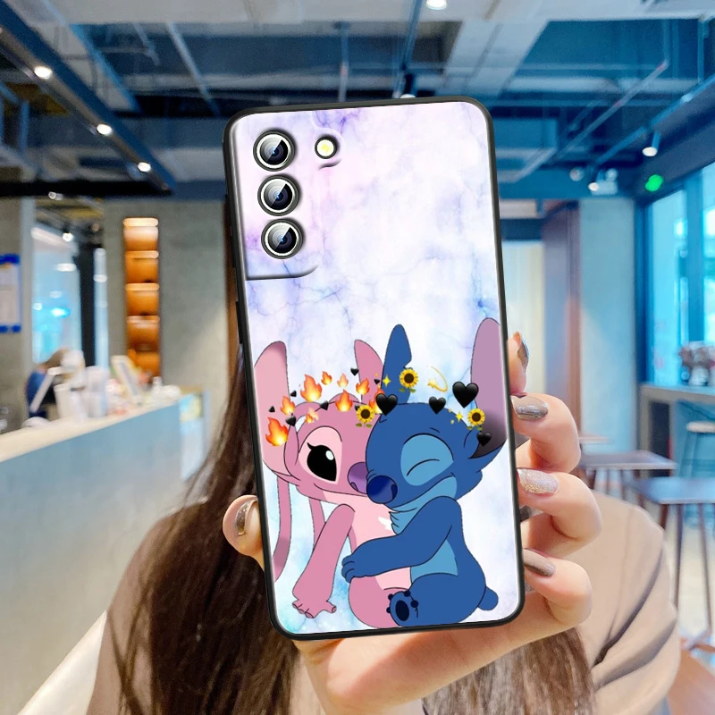 Disney Cute Stitch Baby Phone Case For Samsung S23 S22 S21 S20 FE S10 S10e S9 S8 Ultra Plus Lite Black Soft Cover