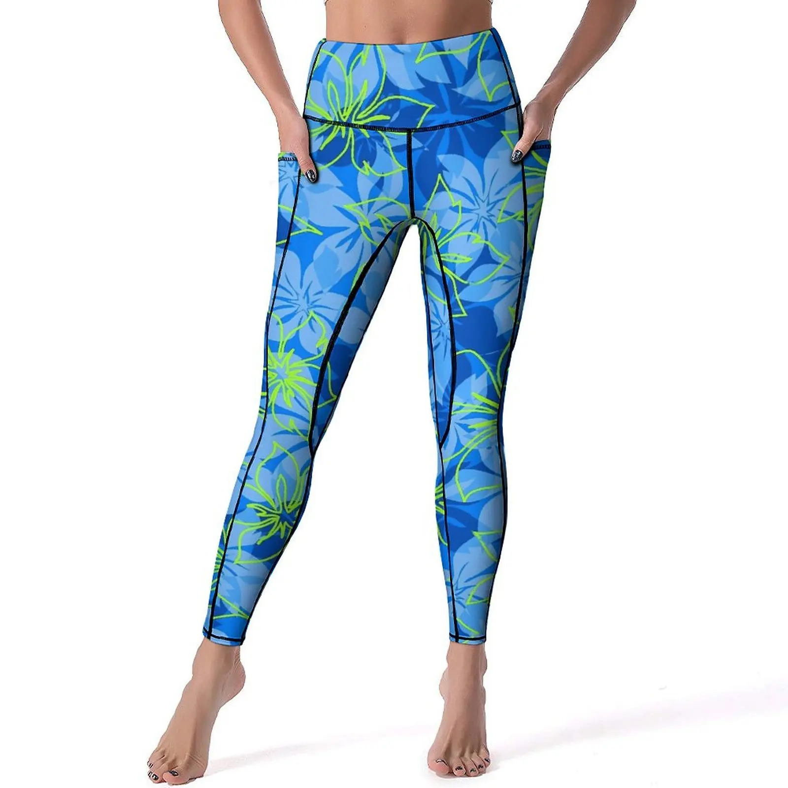 Blue Fower Print Yoga Pants With Pockets Hibiscus Hawaiian Leggings Sexy Push Up Retro Yoga Sports Tights Stretchy Gym Leggins