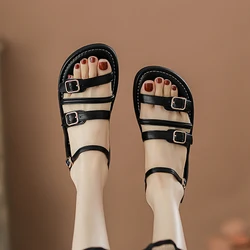 2024 New Summer Women Shoes Open Toe Sandals Genuine Leather Casual Gladiator Retro Sandals Low Heel Shoes Real Leather Shoes