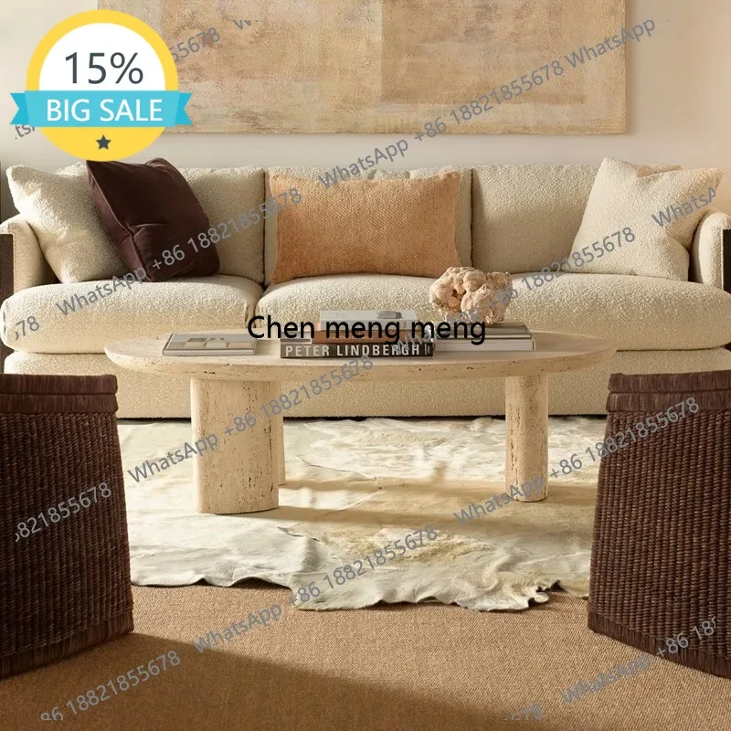 

L07 "Designer Travertine Coffee Table - Wabi Sabi Oval Center Table, Custom Natural Stone Living Room Furniture"