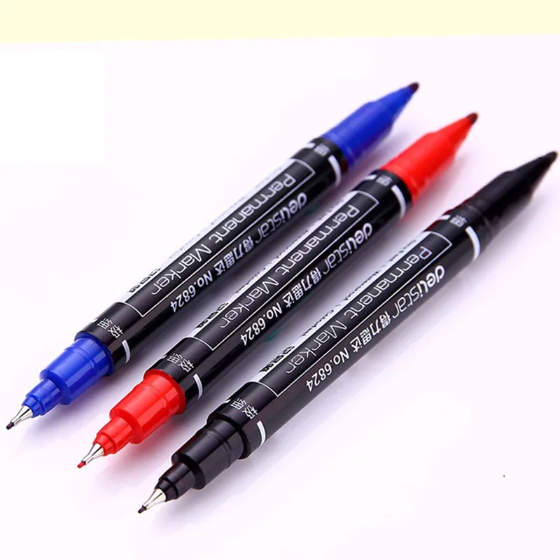 Deli 0.5/1mm Double Headed Writing Fast Dry Permanent Marker Pen Artist Mark CD Glass Wood School Office Supply Drawing Tool 3pc