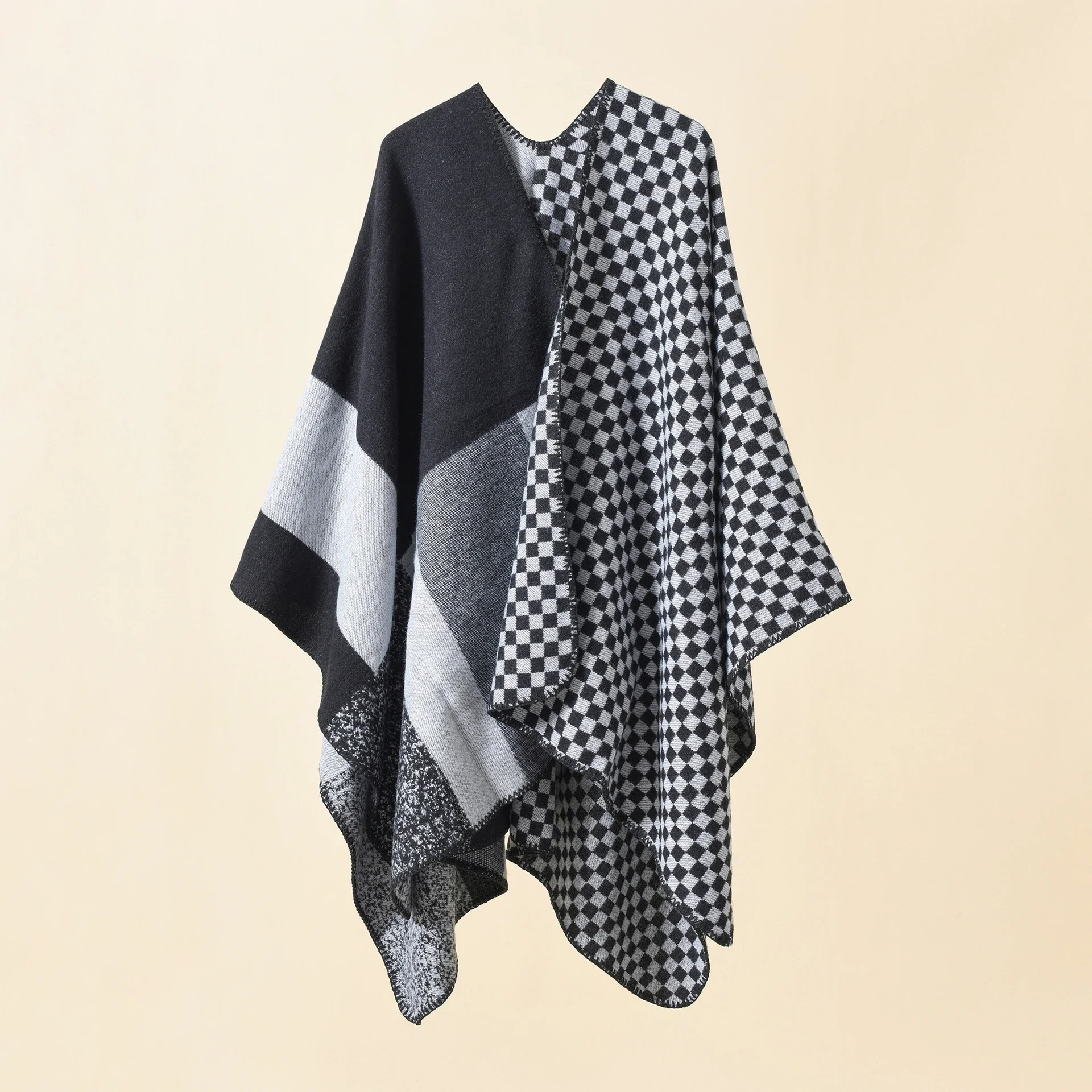 Women Long Out Streetwear Cloak Printed Plaid Shawl Blanket Color Block Wraps Autumn Warm Faux Cashmere Loose Split Poncho Cape