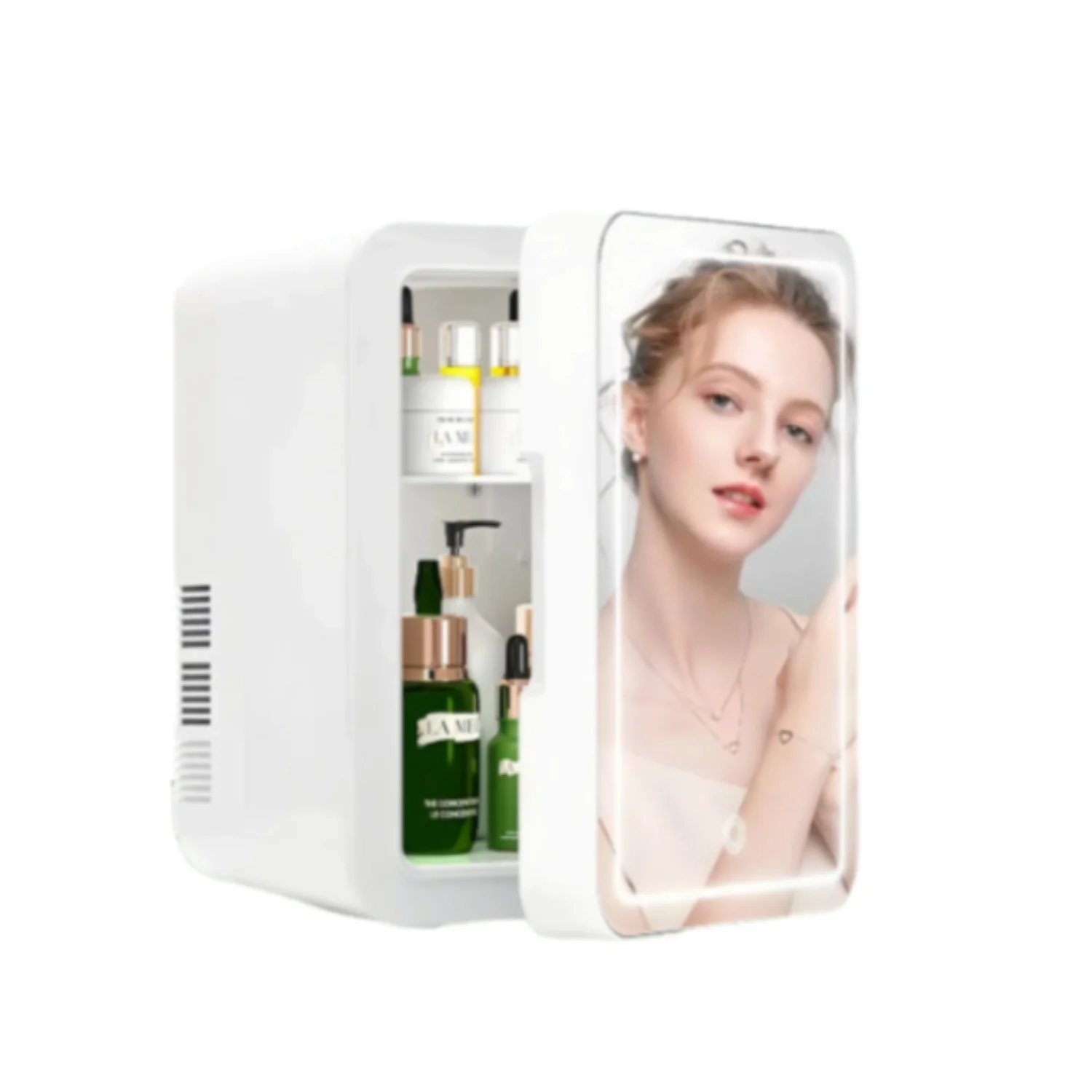 SkincareGlow Mini Fridge 4L 6 Can with Dimmable LED Mirror Cooler Warmer for Makeup Skincare Food Portable Bedroom Office Car