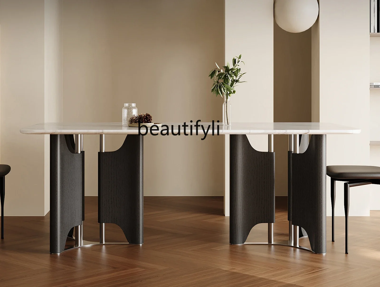 Italian minimalist rock slab small apartment dining table, modern minimalist high-end ash wood solid wood stainless steel