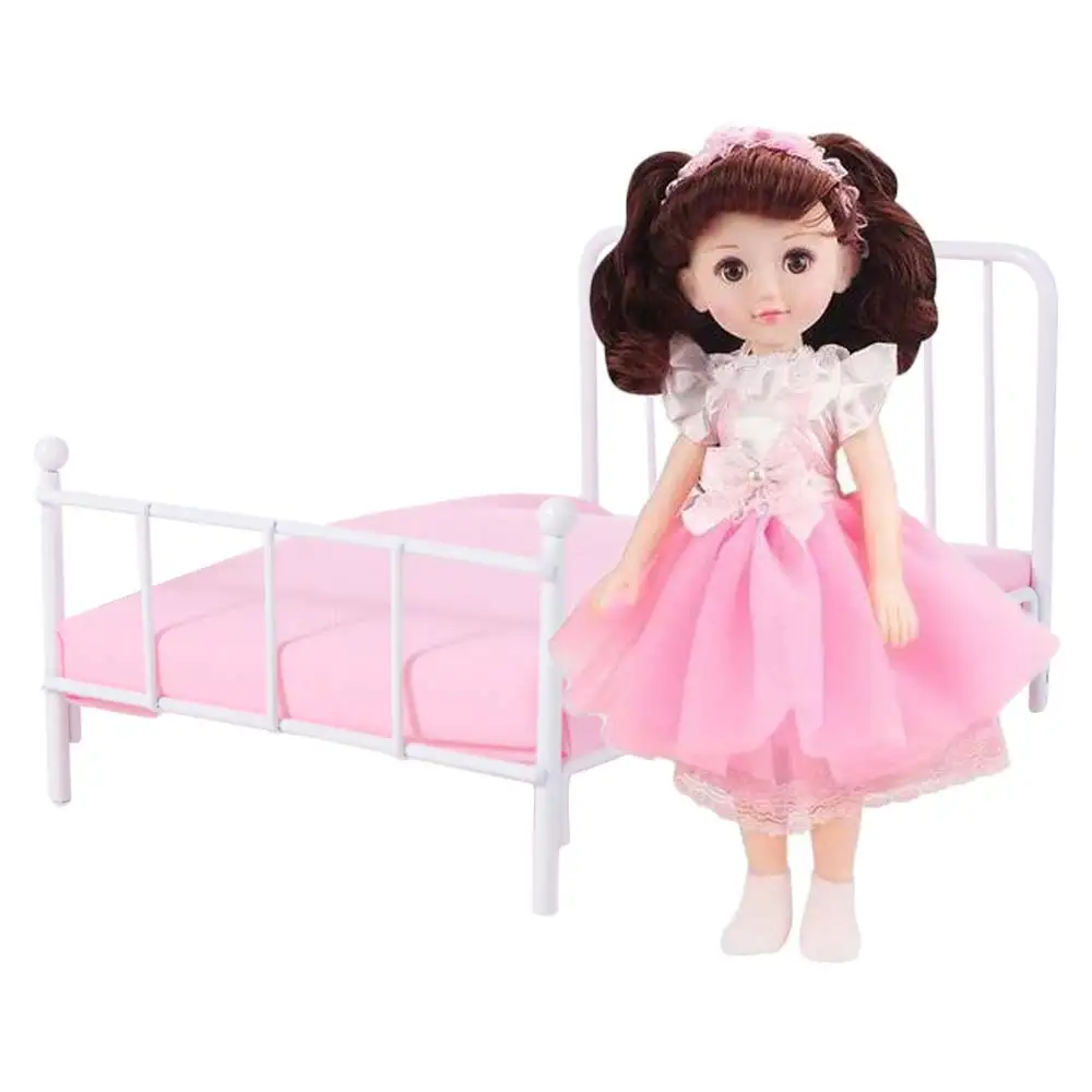 Miniature 1:12 Scale Dollhouse Bed Bedroom Scene Iron Frame Doll Bed Furniture Single Bed Play House Mini Bed Model Girls Gift