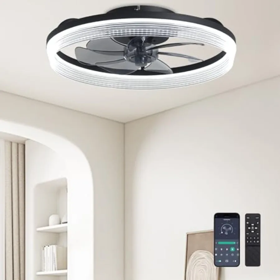 

Ceiling Fans with Lights and Remote Fandelier - 20'' Flush Mount Low Profile Modern Ceiling Fans for Bedroom - Stepless Color T