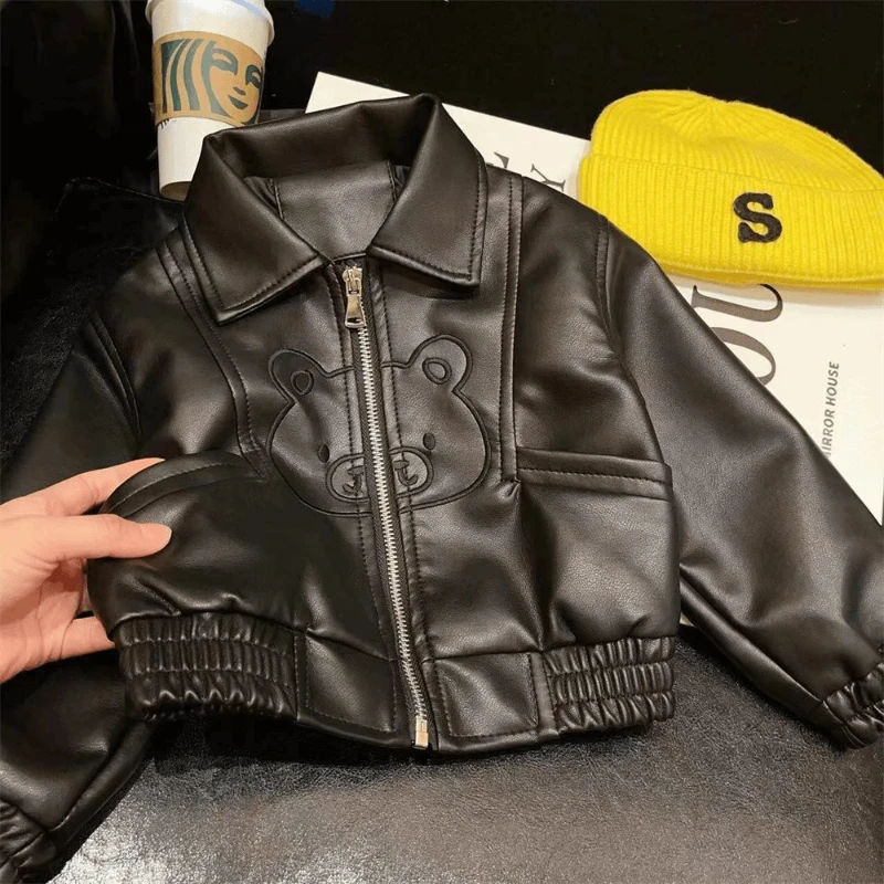 

Girls' 2025 Autumn/Winter Hot Selling Solid Color Handsome Personalized Design Bear Pattern Leather Jacket