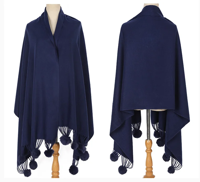 Autumn Winter Imitation Rabbit Hair Ball Scarf Warm Knitting Women Shawl Female Poncho Lady Capes Navy Cloaks