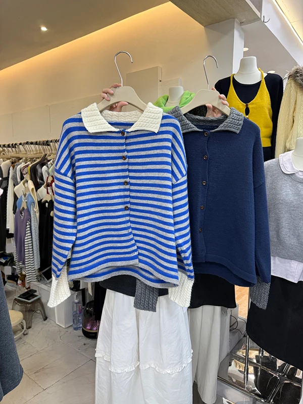 

Женский вязаный свитер-кардиган Ele College в полоску с длинными рукавами, свободного кроя, в стиле оверсайз, осенне-зимний, премиум-класса