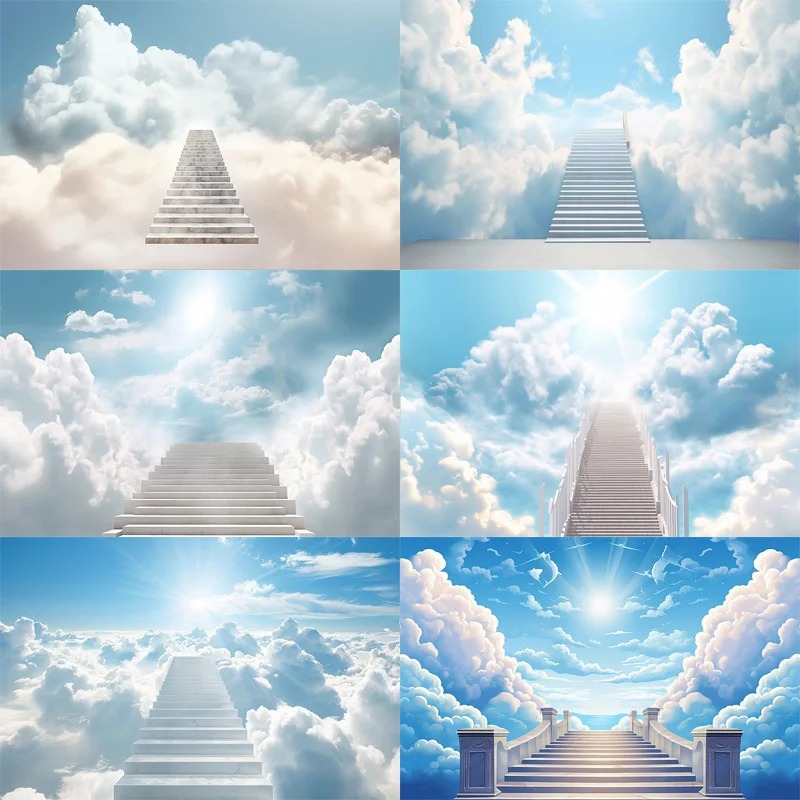 

Radiant Sun Rays Staircase Vivid Rainbow Blue Sky Photography Backdrops White Clouds Stairway Heaven Path Photo Background KY-07