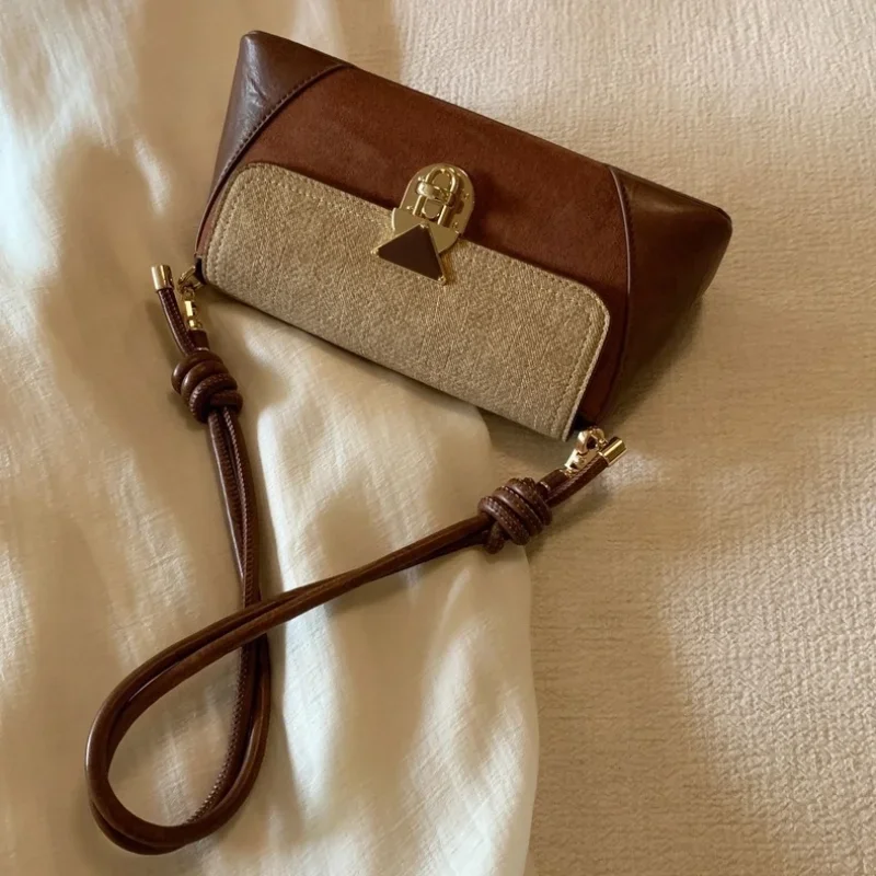 Women Shoulder Bag Korean Style Retro Brown PU Leather Vintage Female Small Axillary Bags Fashion Ladies Gold Lock Handheld Bags