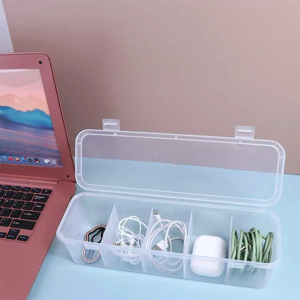 

5 Grids Transparent Data Cable Storage Box Waterproof Dustproof Desktop Organizer Flip Cover Plastic Cable Holder Socks