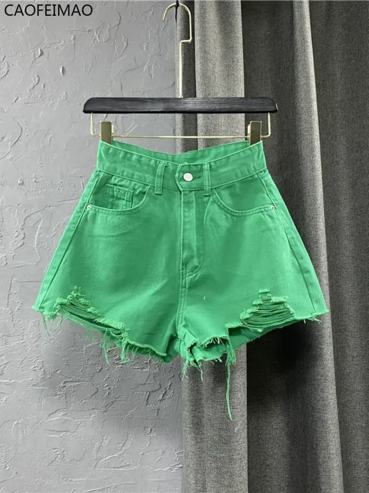Women's Denim Shorts High Waist Casual Solid Zipper Fly Fashion Shorts Loose Sexy Green A-shaped Hot Pants 2025 New Summer