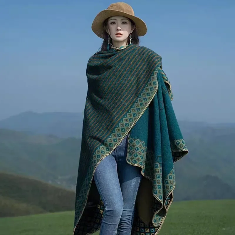 

Poncho Cape Autumn and Winter Scarves Women's Travel Shawl Imitation Cashmere European and American Ethnic Style Split Cloak