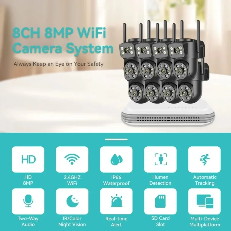 8MP PTZ WiFi Camera Kit Dual Lens IP Camera Smart Home Night Vision Outdoor IP66 Waterproof 8CH Wireless CCTV System iCSee APP