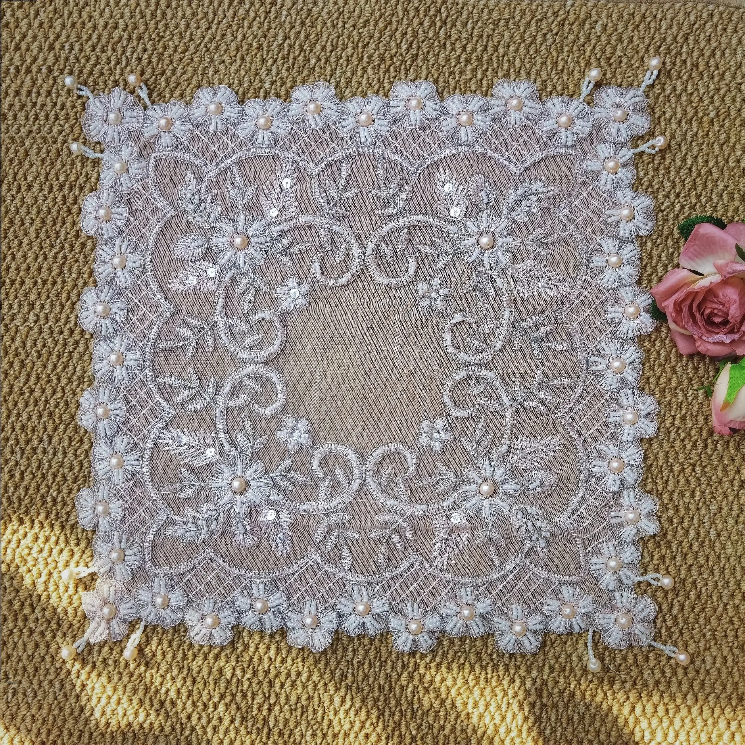 Pink Embroidered Placemats Lace Napkins Luxurious Handmade Beaded Coasters Furniture Decor Small Covers Birthday Table Decor view 6