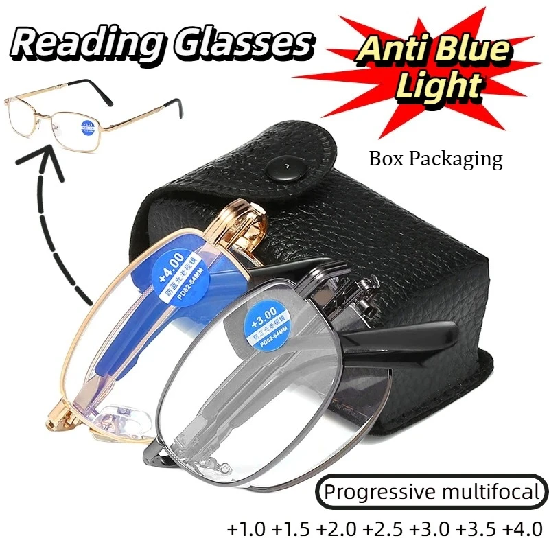 Klassische faltbare, blaues Licht blockierende Lesebrille, ultraleichte HD-Progressive multifokale Presbyopie-Brille von +1,0 bis +4,0