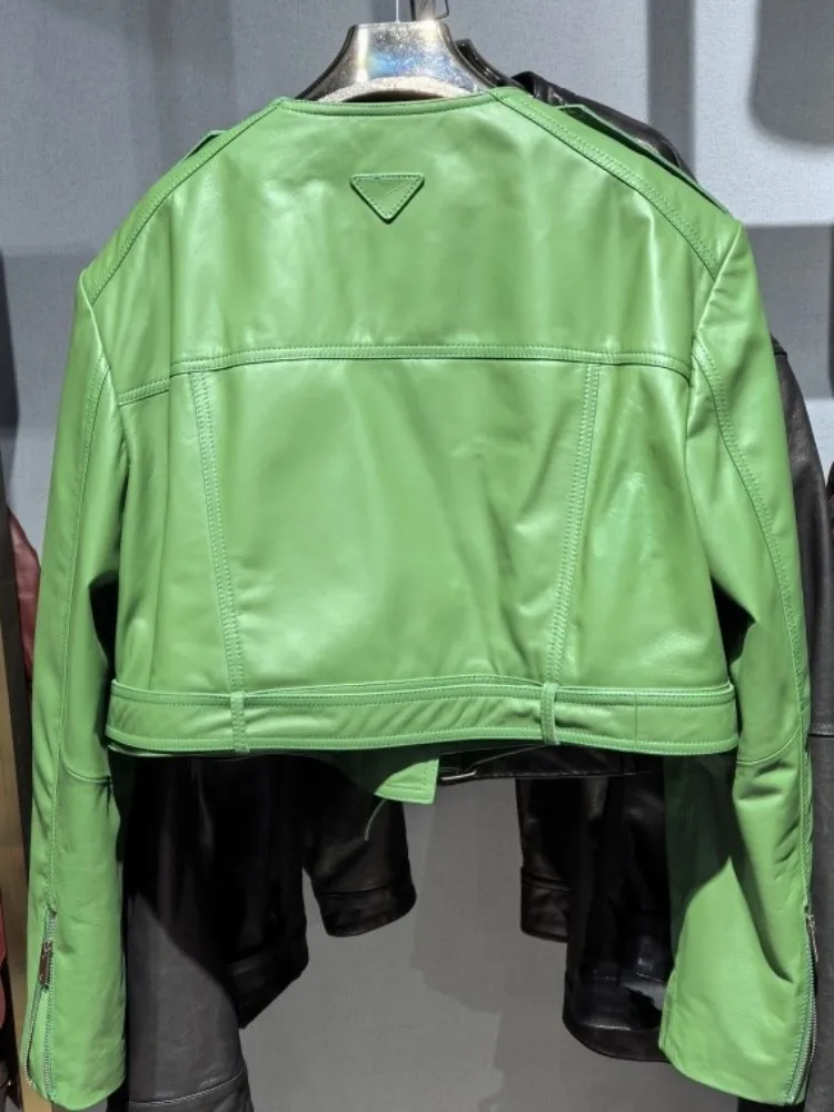 Giacca bomber da donna in vera pelle di alta qualità da ufficio, tinta unita, girocollo, cerniera, maniche lunghe, cappotti slim in pelle di pecora