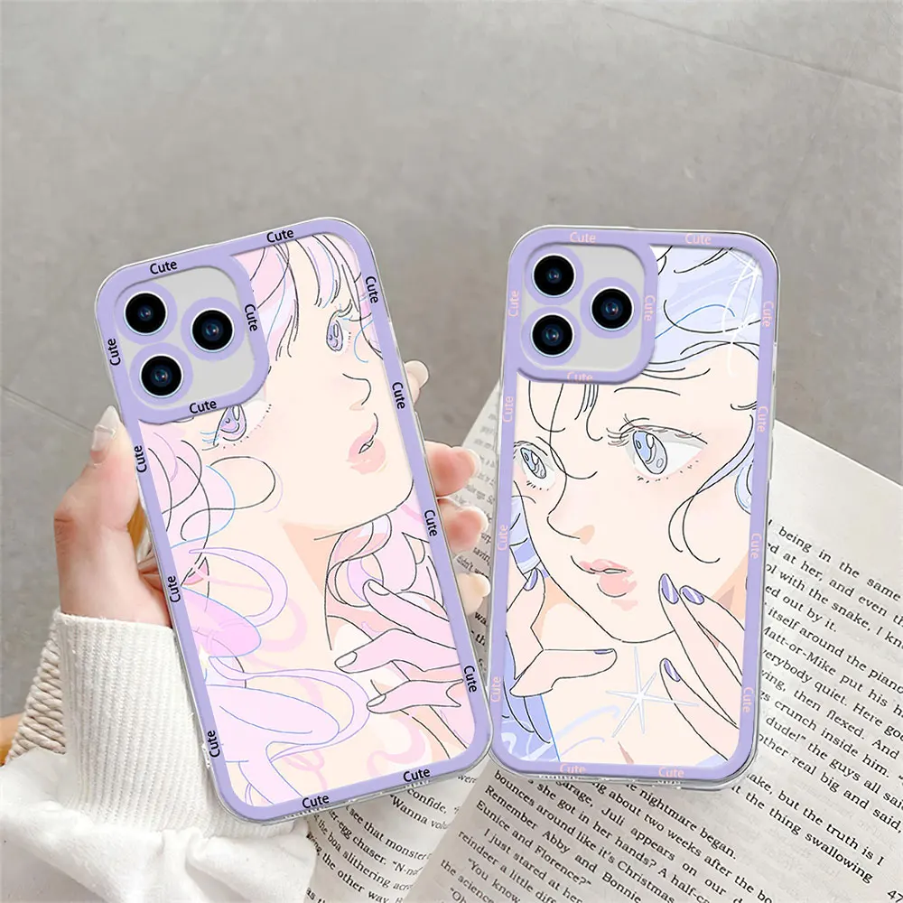 Saitemiss Art Cute Cartoon Phone Case for iPhone 12 11 13 14 15 16 Max Pro Plus Transparent Bezel Shell