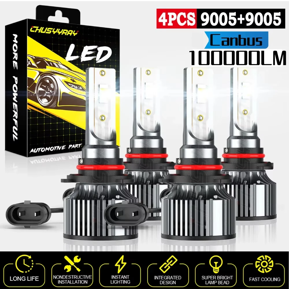 

100000LM 4x Canbus 9005 Светодиодные фары дальнего и ближнего света Комплекты ламп 12-24 В 6500 К IP68 Водонепроницаемый 1:1 Та же размер Plug and play