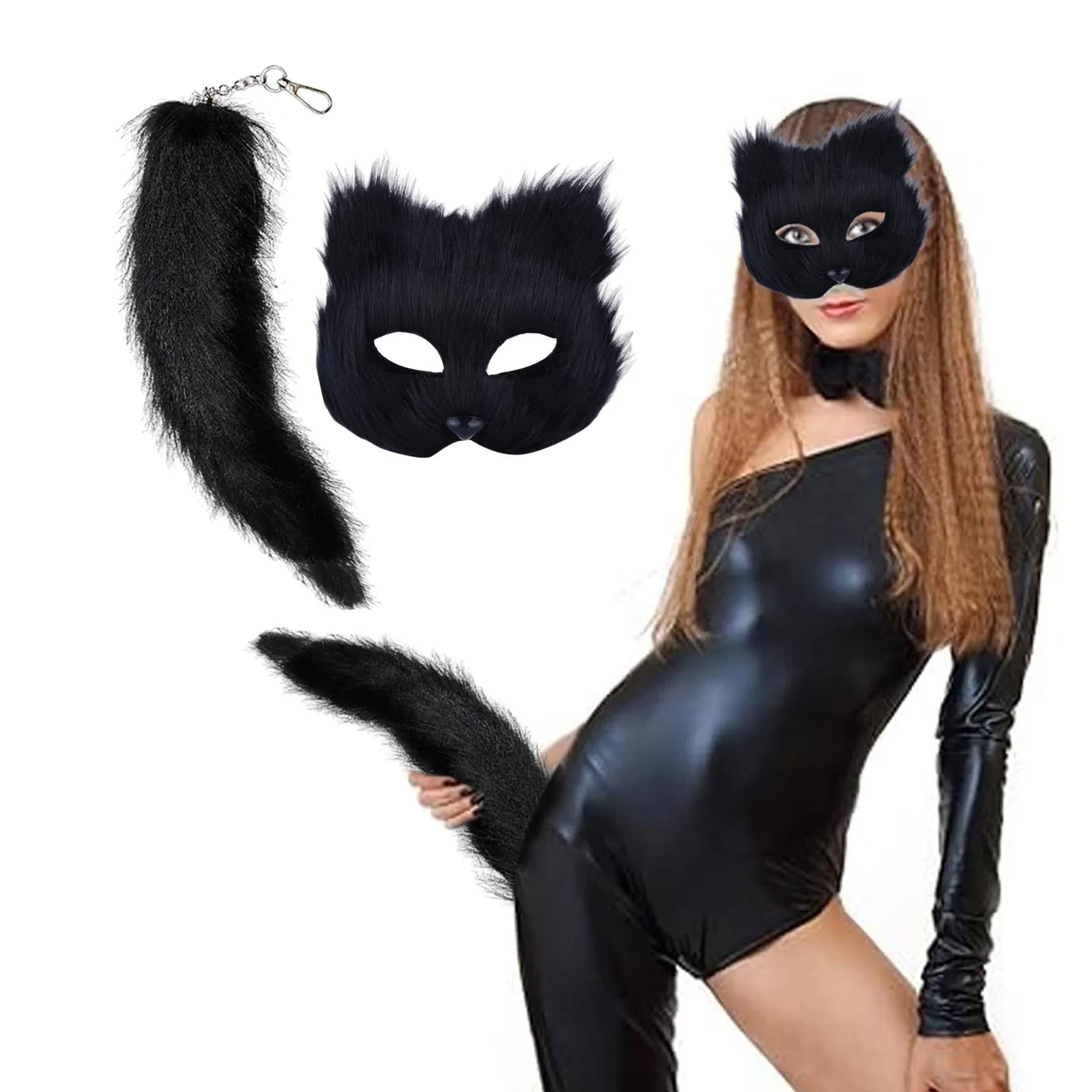 Therian Mask and Tail Set Halloween Cosplays Party Costume Cats Mask Tail Half Face Faux Furs Foxes Tail Cats Mask