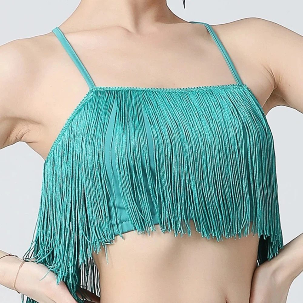 

Womens Latin Dance Practice Tops Sexy Spaghetti Straps Cross Back Fringe Dance Crop Top for Tango Ballroom Samba Salsa Dancewear