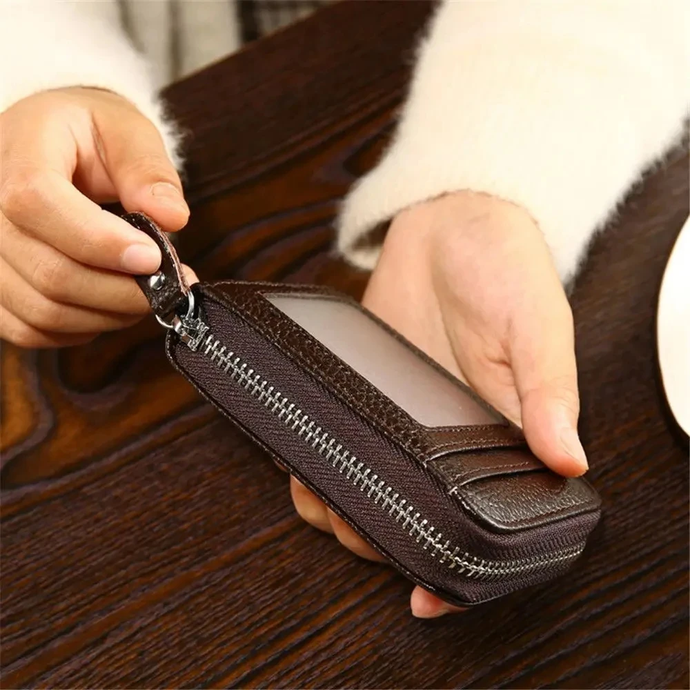 2024 New Vintage Genuine Leather Men's Wallet Credit Card Holder RFID Blocking Zipper Money Pouch Card Protect Case Pocket Purse