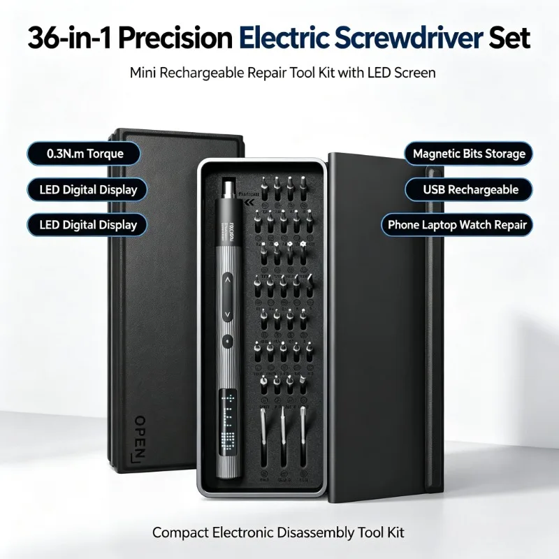 Precision Electric Screwdriver Set 36‑in‑1 Mini Rechargeable Repair Kit LED Screen 0.3N.m Torque for Electronics Phone Laptop