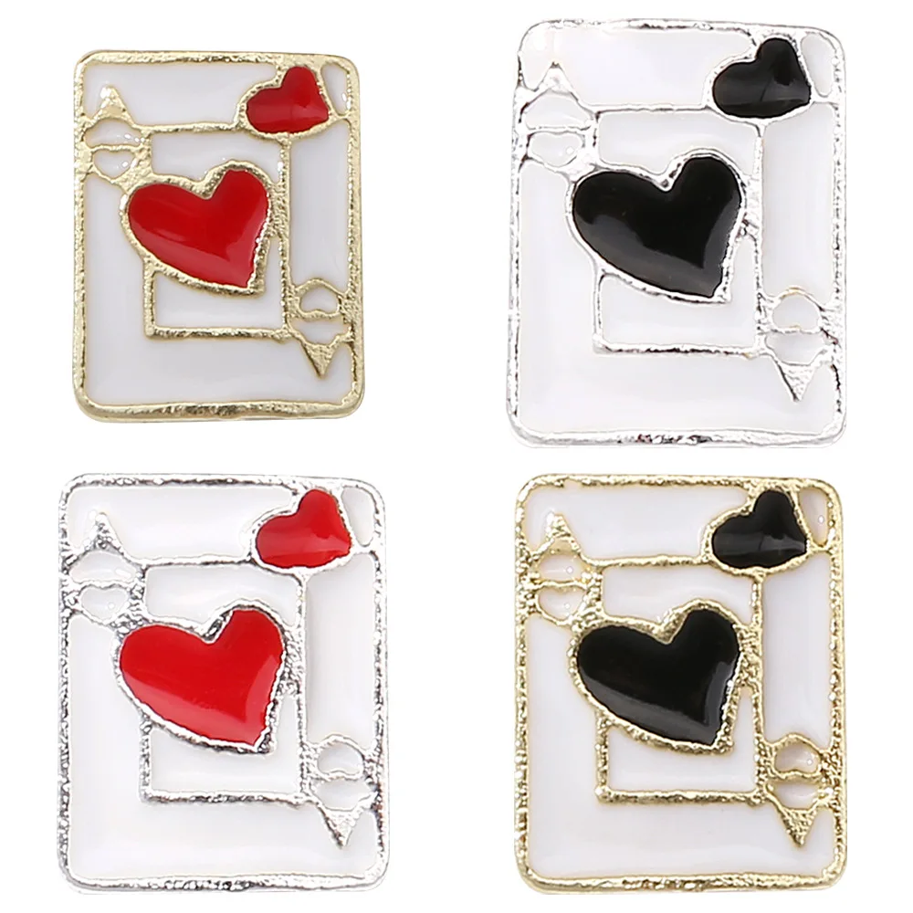 10 peças amuletos de unhas modernos com tema de pôquer-coração de liga de coração vermelho/pá com bordas douradas/prateadas acabamento esmaltado designs exclusivos de manicure