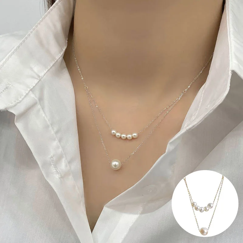 

100% 925 Sterling Silver Pearl Geometric Necklace for Women Girl Vintage Double Layered Design Jewelry Party Gift Dropshipping