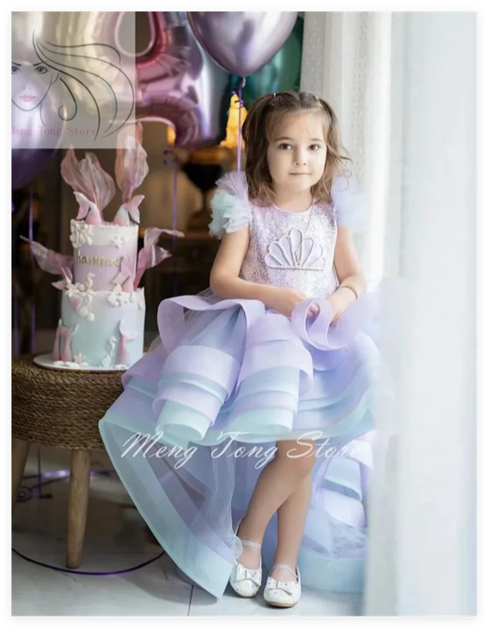 

Blue and Purple Layered Flower Girl Dress For Wedding Pearls Sequins Ruffles Mermaid Kids Birthday Party First Communion Gowns