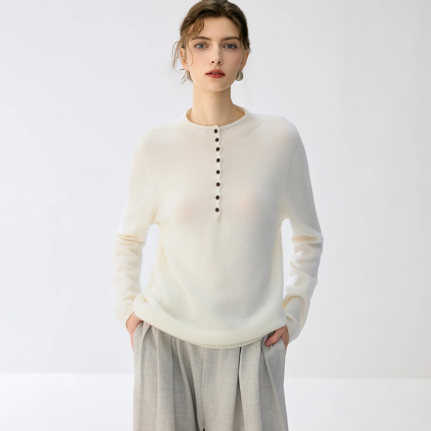 Seamless Mock Neck Half‑Placket Pullover Warm Tops Ladies 100% Cashmere Sweater Long Sleeve Loose Casual Female Knitwear Clothes