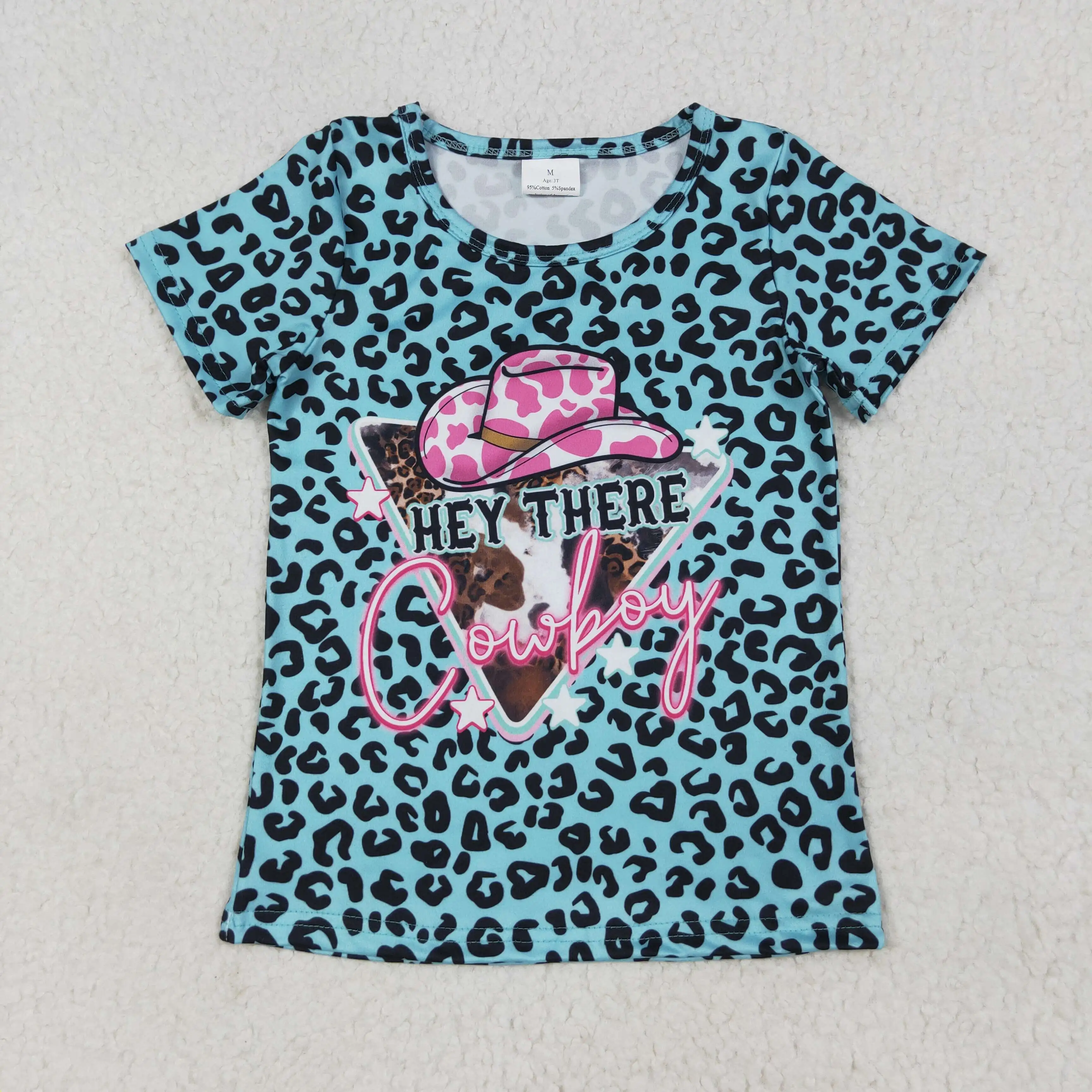 

in Stock Cowboy Leopard Print Girls Short Sleeve Tee Shirts Top Wholesale Infants Boutique Baby Summer Clothes