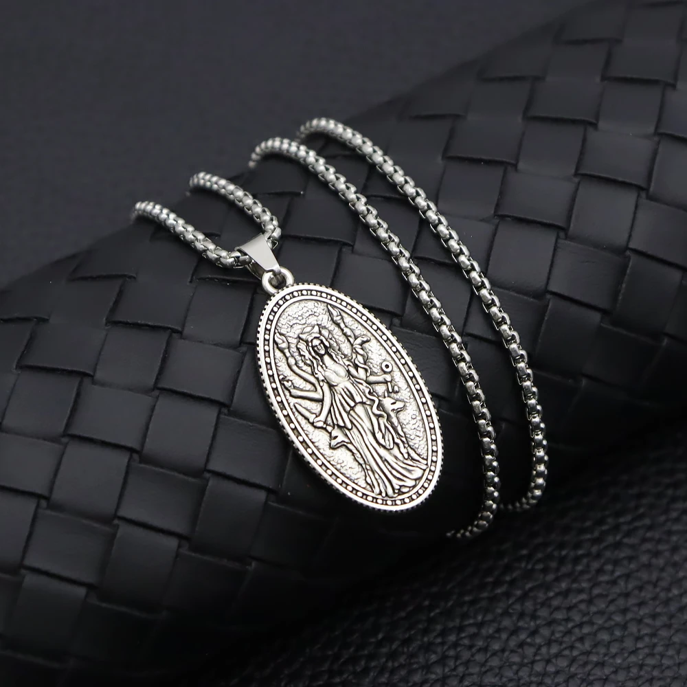 Double Sided Hecate Goddess Necklace Stainless Steel Triple Moon Wheel Pendant Wicca Witch Occult Vintage Unisex Neck Jewelry