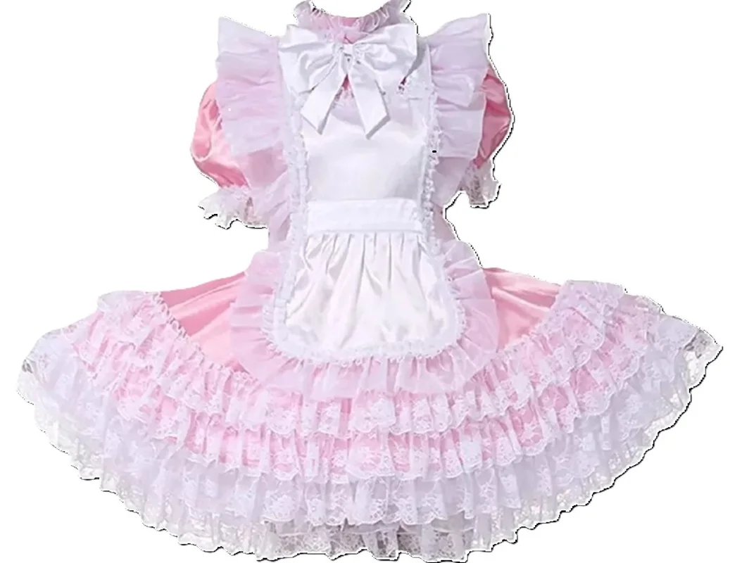 

Сексуальное розовое атласное платье для французской горничной с короткими рукавами, запираемое многослойное кружевное платье с рюшами, костюм горничной для косплея, настраиваемый