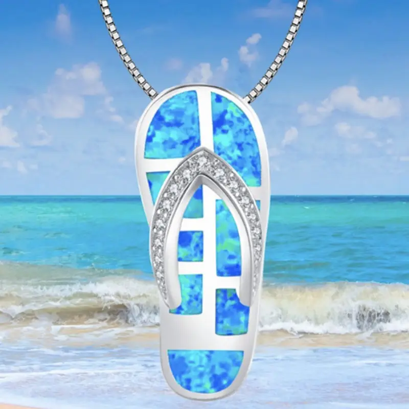Collar con colgante tipo chanclas con ópalo azul y piedras de cristal, joyería delicada con tema de playa de verano, regalo único para mujeres y niñas