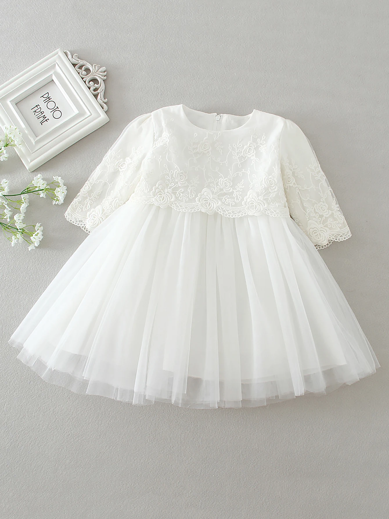 White Christening Dress for Newborn Babies With Long Sleeved 3 Months Baby Dress Little Girls Lace Baptism Ball Dress+Hat