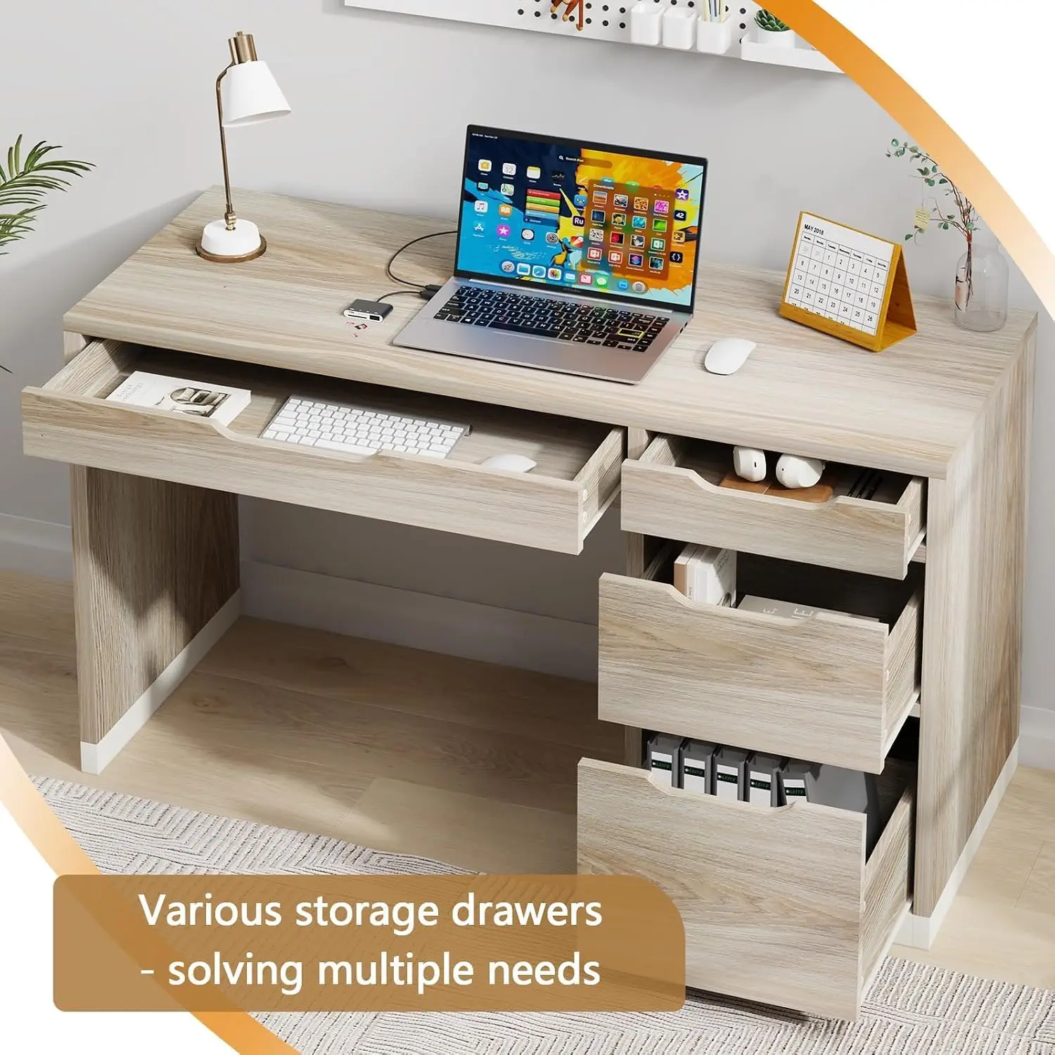 52 Inch Computer Desk with 4 Drawers, Natural Oak, Customized