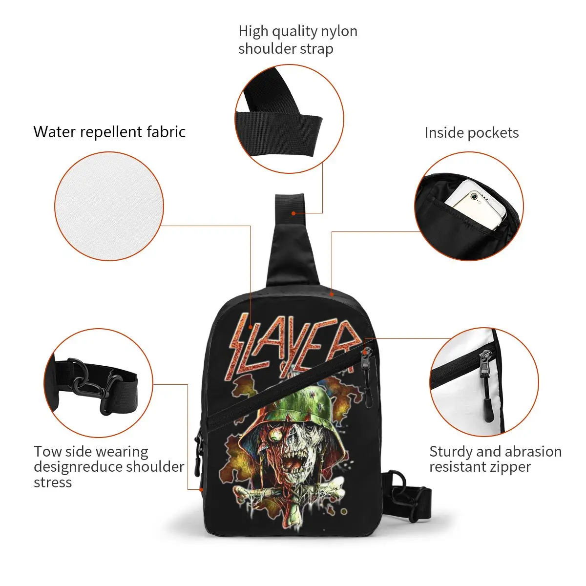 Custom Cool Slayers Heavy Metal Rock Band Sling Bag for Cycling Camping Men Crossbody Chest Backpack Shoulder Daypack