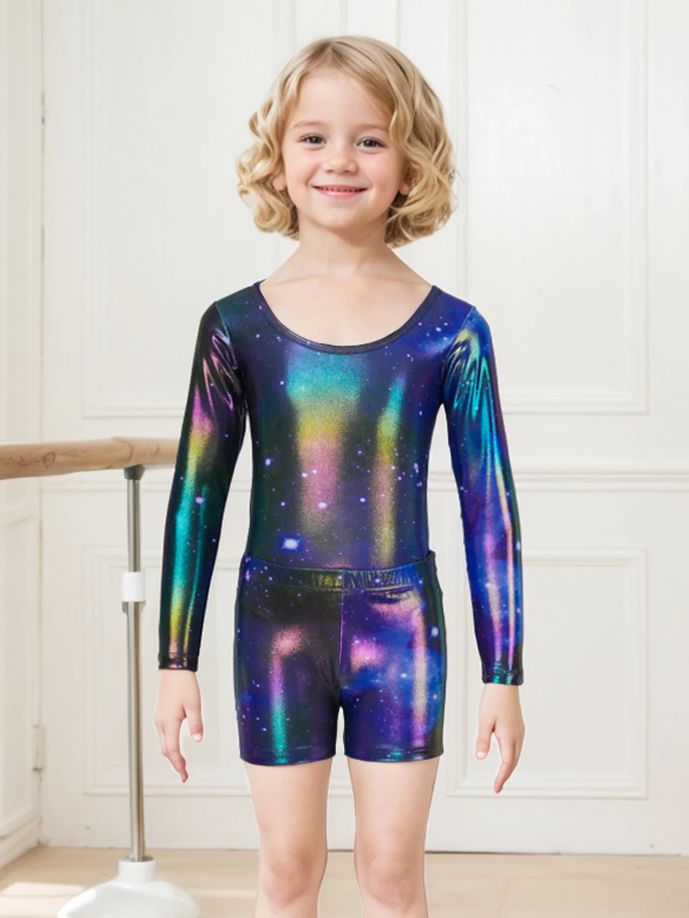 JiAmy Gymnastics Leotards for Girls Cross Back, Long Sleeve Sparkly Dance Biketards with Shorts Ballet Outfit for 3-12 Years