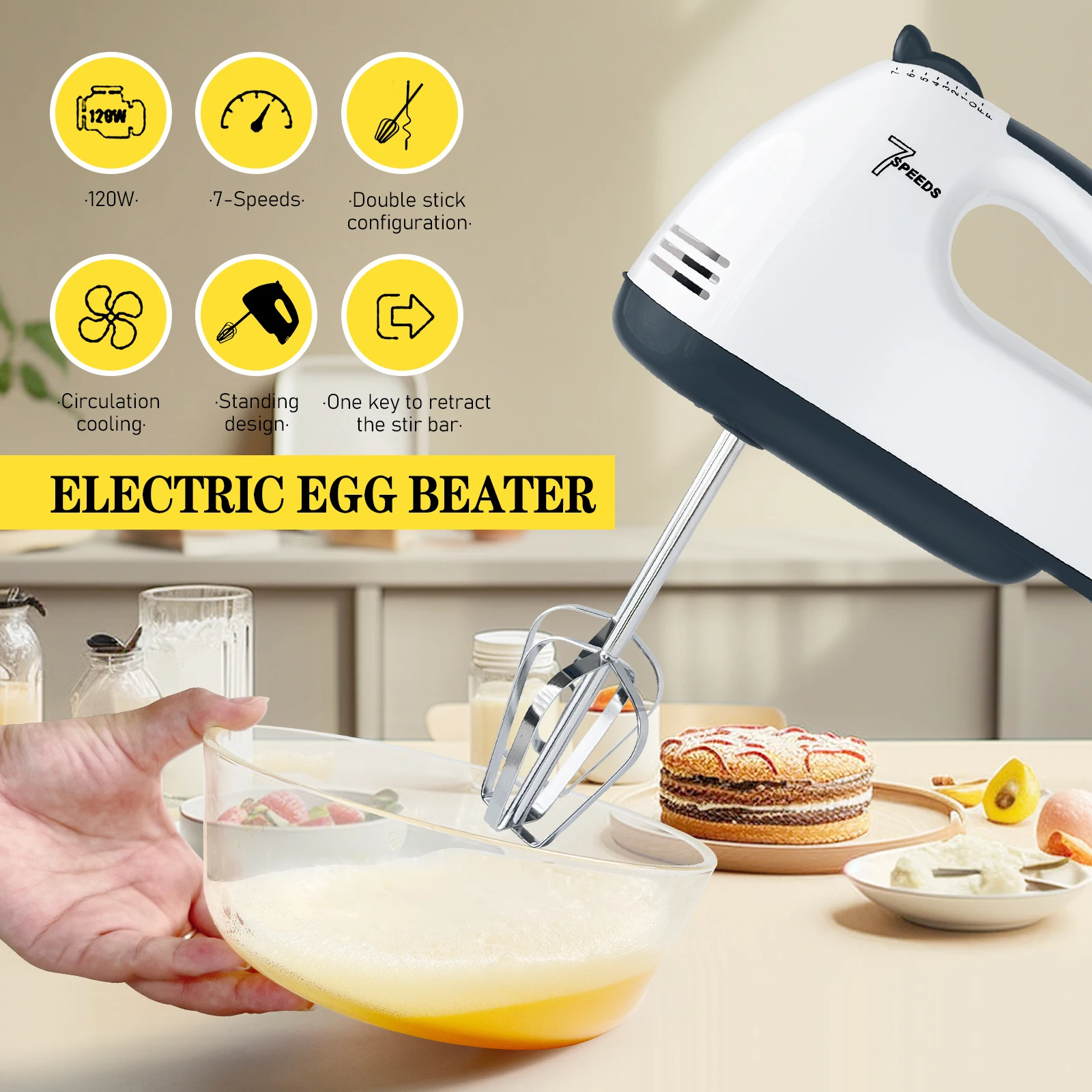 Handheld Stand  Mixer with Dough Hook and Stirring Bars, High Power Kitchen Food Mixer with Stainless Steel Mixing Cylinder easy