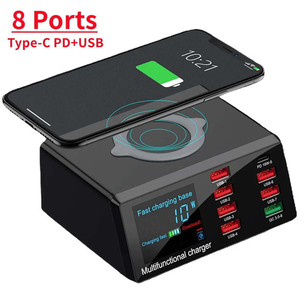 

Multi-Port USB Type-C PD Phone Charger Station Hub Quick Charge QC3.0 PD18W Fast Charging 15W Wireless Charger For iPhone Huawei