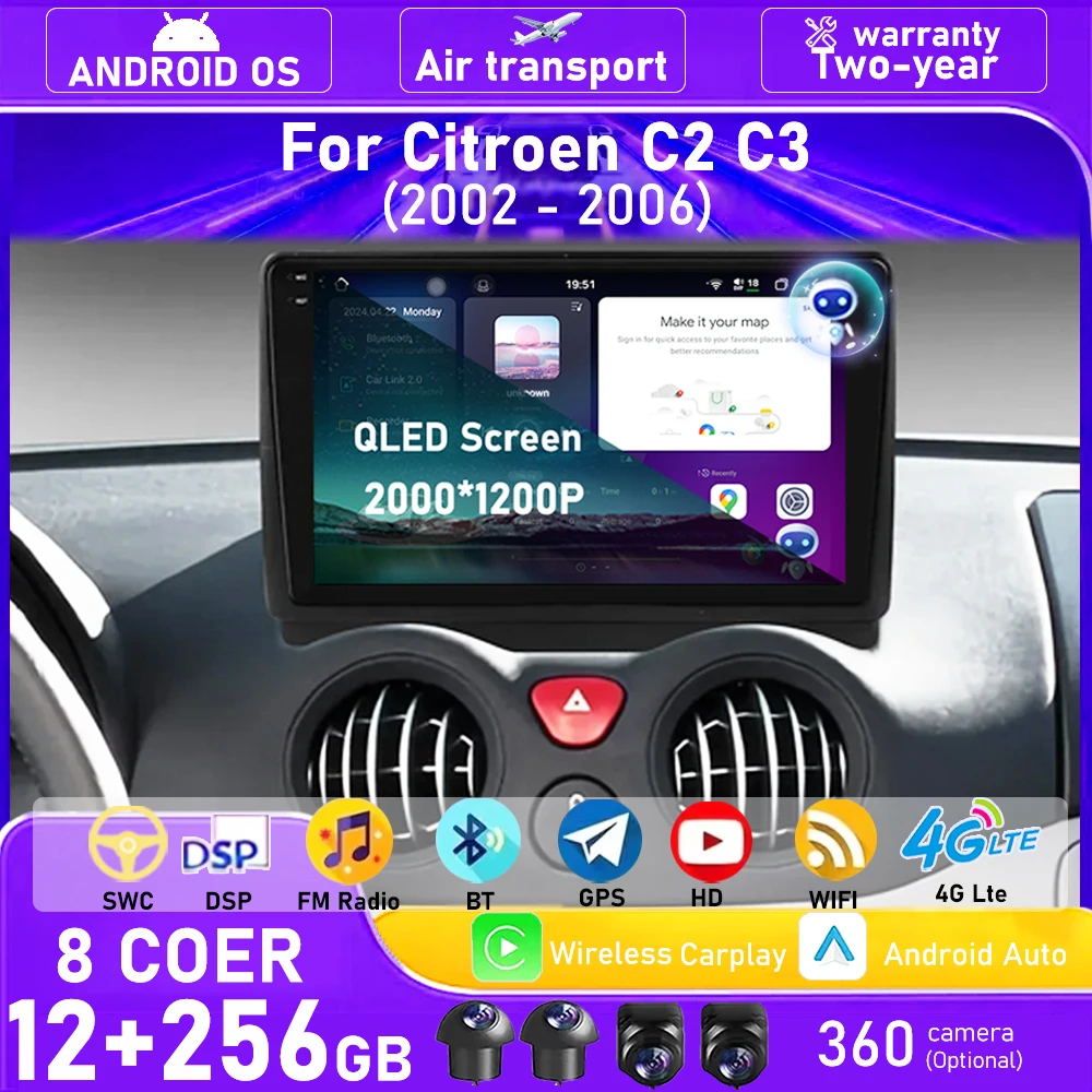 

9-дюймовый Android 16 Auto для Citroen C2 C3 2002-2006, автомобильная магнитола, мультимедийный видеоплеер, GPS-навигация, Carplay, головное устройство, 4G, Wi-Fi, Bluetooth