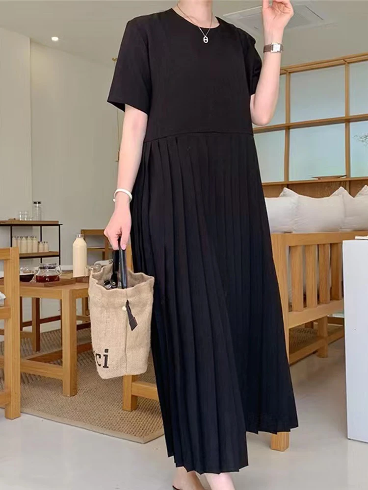 NYFS 2024 Summer Korea New Woman Dress Vestidos Robe Elbise Loose Plus Size Patchwork Chiffon Hem Short Sleeve Long Dresses