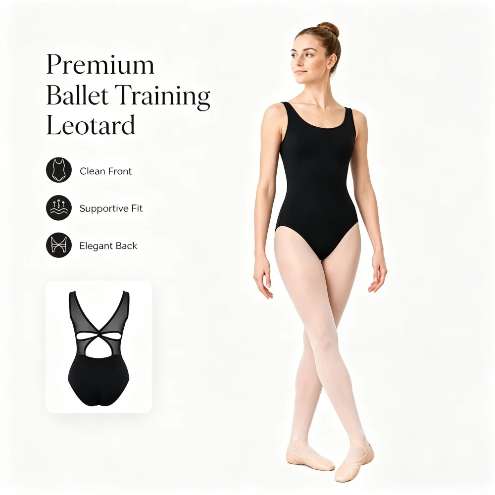 Ladies Square Neck Dance Leotard Girls Wide Shoulder Strap Mesh Hollow Back Bodysuit for Ballet Practice Gymnastics Yoga Workout