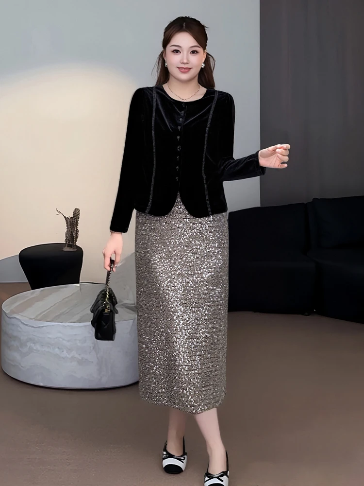 

Велюровый комплект из юбки и топа с пайетками для женщин больших размеров: весенняя мода, элегантный стиль, для офиса, корейский свободный крой